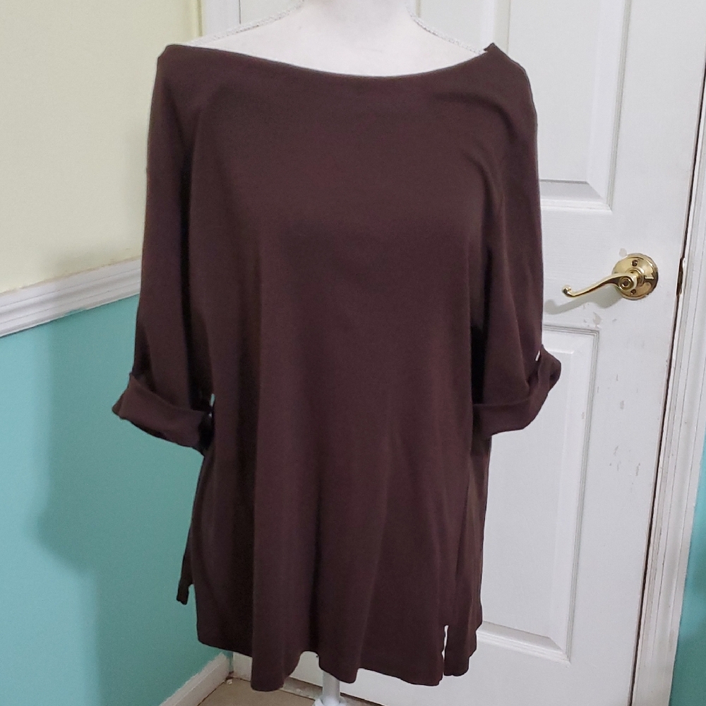Karen Scott Brown Elegant Boat Neck Elbow Rolled Sleeves Soft Knit Top 2X - Picture 2 of 10